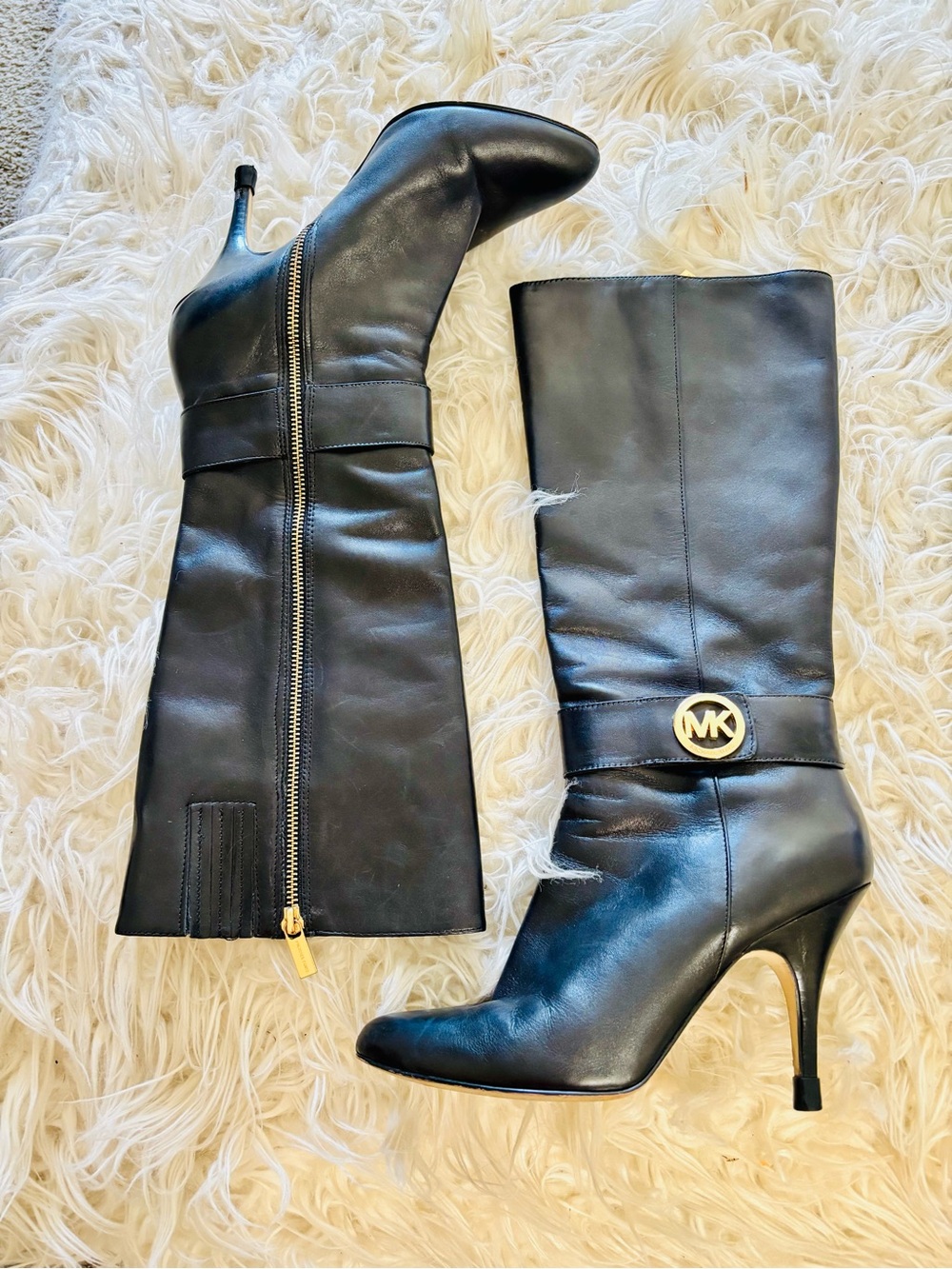Michael Kors Black Leather Knee-High Stiletto Boots with Gold MK Emblem